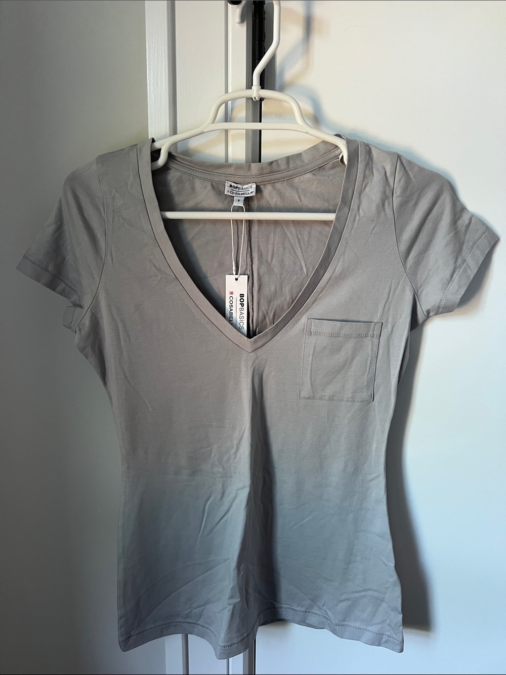 Cosabella Light Gray V-Neck Pima Short Sleeve Pocket Tee